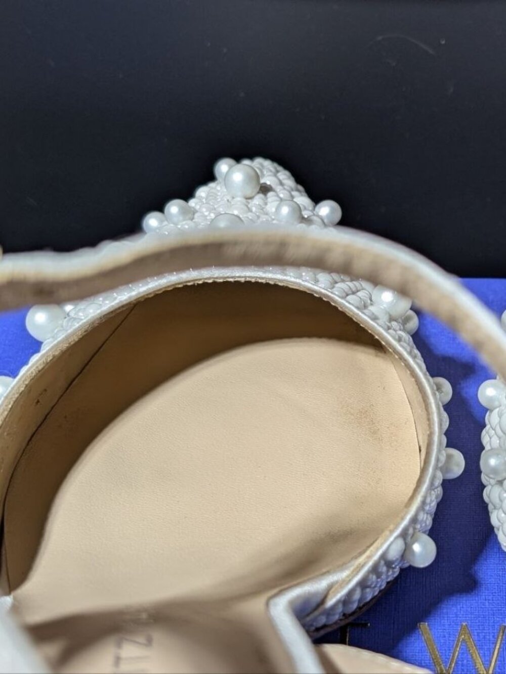 Stuart Weitzman Bliss 85 Pearl-Embellished Satin Pumps Cream/Natural US Size 7.5 - Picture 5 of 16